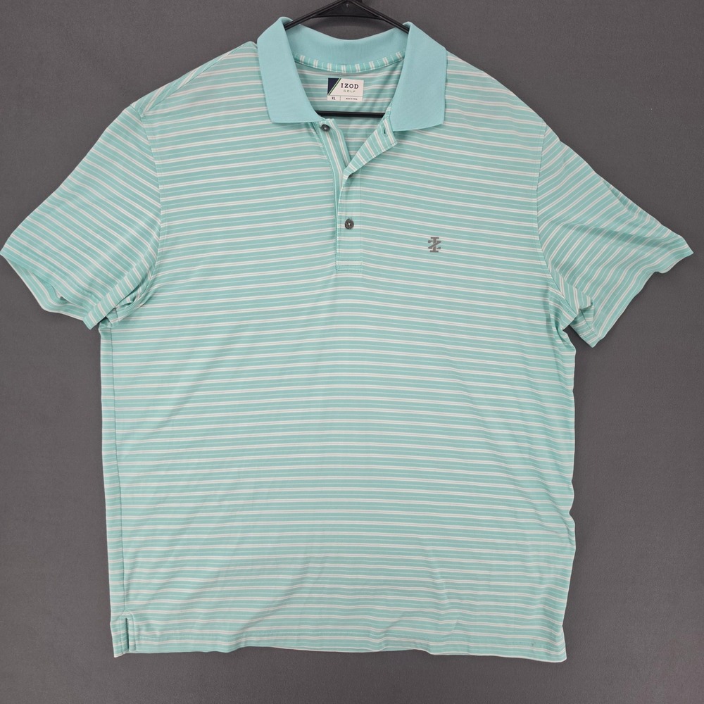 Izod Golf Mens XL Polo Shirt Mint Green White Striped Short Sleeve Performance